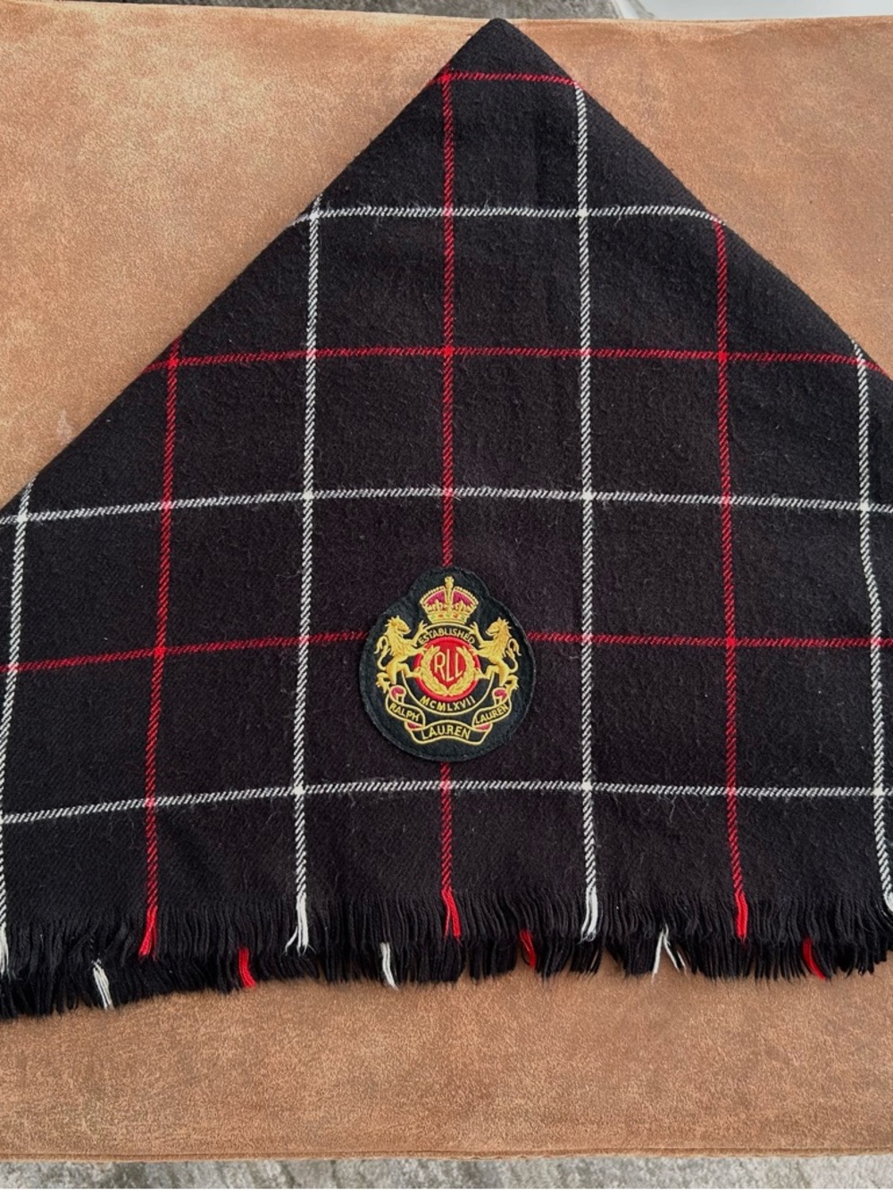 Ralph Lauren Black Plaid Scarf with Embroidered Crest